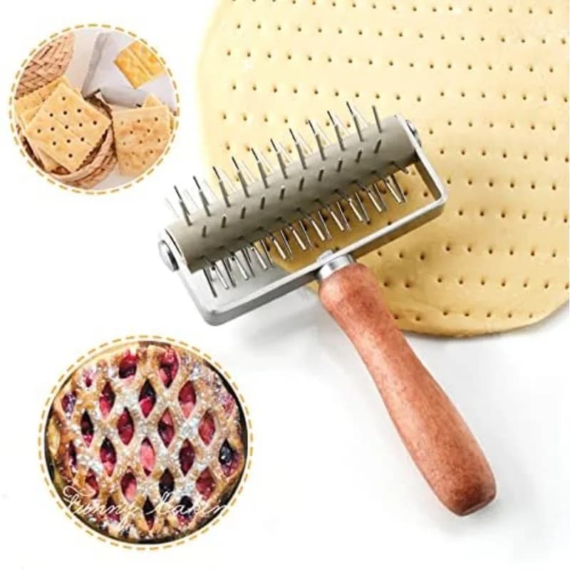 Rullo Foratore per Pizza e Pane in Acciaio Inossidabile con Manico in Legno per la Preparazione di Impasti e Pasticceria