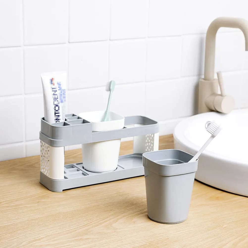 Portaspazzolini a 2 scomparti e 5 slot, porta dentifricio, organizer da bagno, vassoio di drenaggio da appoggio, robusto, leggero, resistente allo sbiadimento