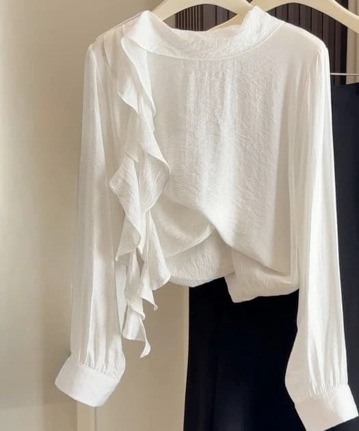Camisas De Mujer Office Lady Irregular Ruffled Blouses For Women Elegant Solid Korean Shirts Fashion All Match Loose Blouse