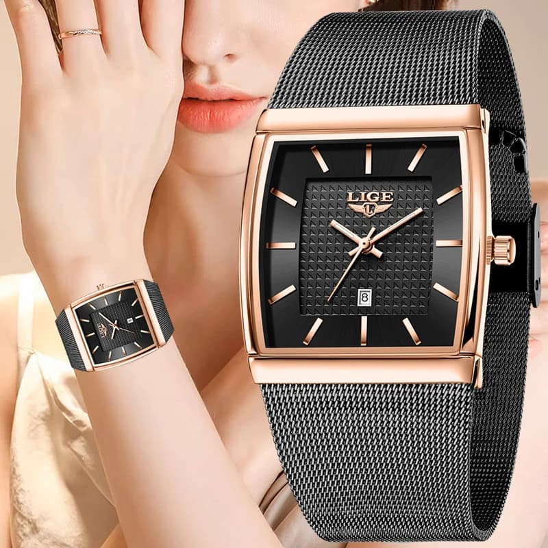 Orologi da donna LIGE in oro rosa, ultra sottili, con cinturino a rete quadrato, impermeabili, eleganti, al quarzo, da donna, ragazza, idea regalo.