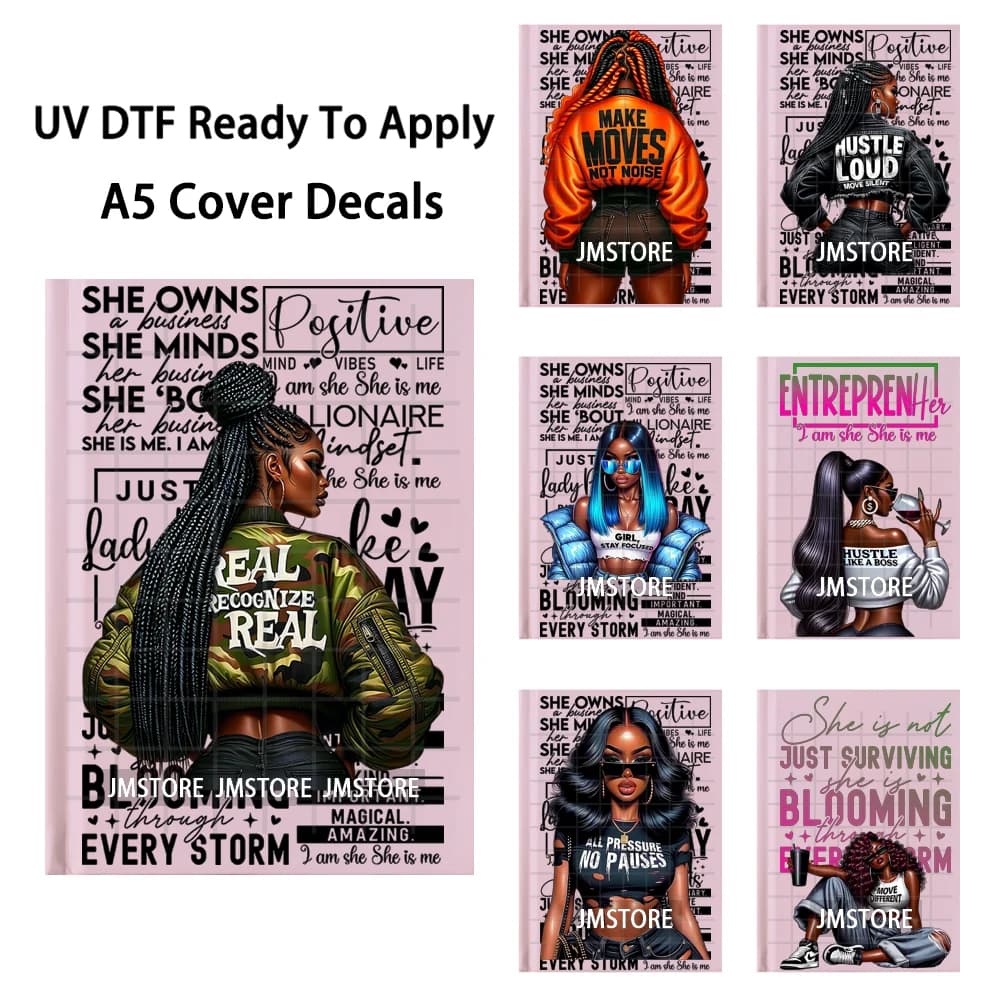 Quaderno A5 Planner Girl con citazioni ispiratrici, involucri UV DTF pronti da applicare, adesivi impermeabili per copertine di diari.