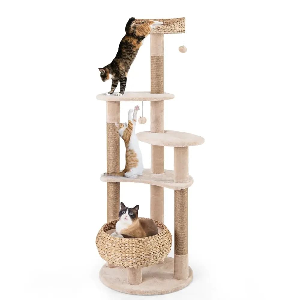 65inch Cattail Cat Tree Tower, MultiLevel Cat Tower with Natural Jute Scratching Posts, Cat Bed, Top Perch, Dangling Balls and