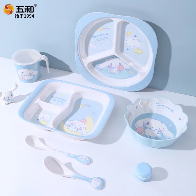 Per Sanrio Stoviglie Anti Scottatura Ciotola Piattino Tazza Cucchiaio Carino Cinnamoroll Divisore Piatto Alimenti Complementari Piatto di Mangiare per Il Bambino
