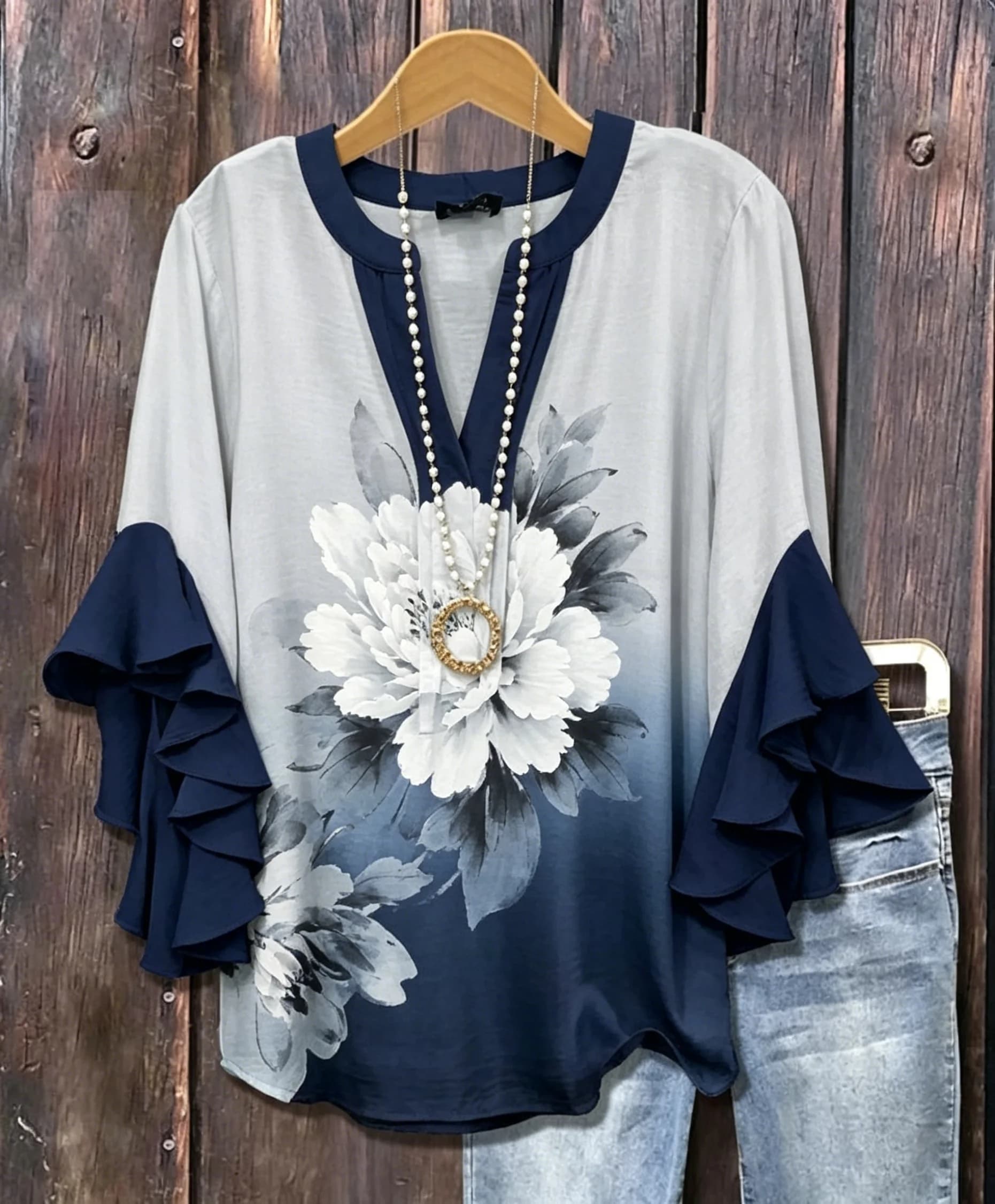 Camicetta da donna con scollo a V e volant, mezza manica, stampa floreale, top casual per tutti i giorni, per le vacanze, grigio, blu navy, primavera estate