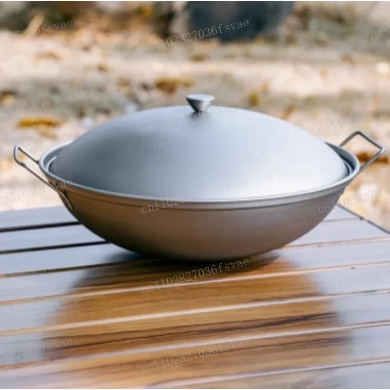 Wok in Titanium with Cover and Double Handle for Induction cooker, Camping and Kitchen Alcohol