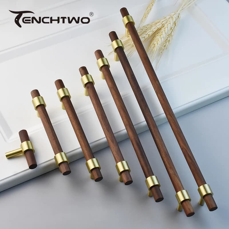 The Nordic modern kitchen cabinet pulls handles for black walnut furniture in golden brass wardrobe drawer door wooden knobs