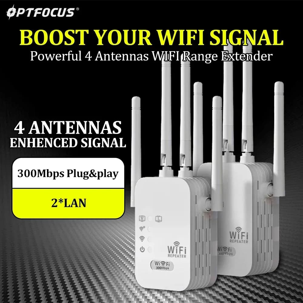 OPTFOCUS Ripetitore WiFi 2.4G 2LAN 300Mbps, Amplificatore di Segnale, Ripetitore di Portata, Punto di Accesso Wireless AP
