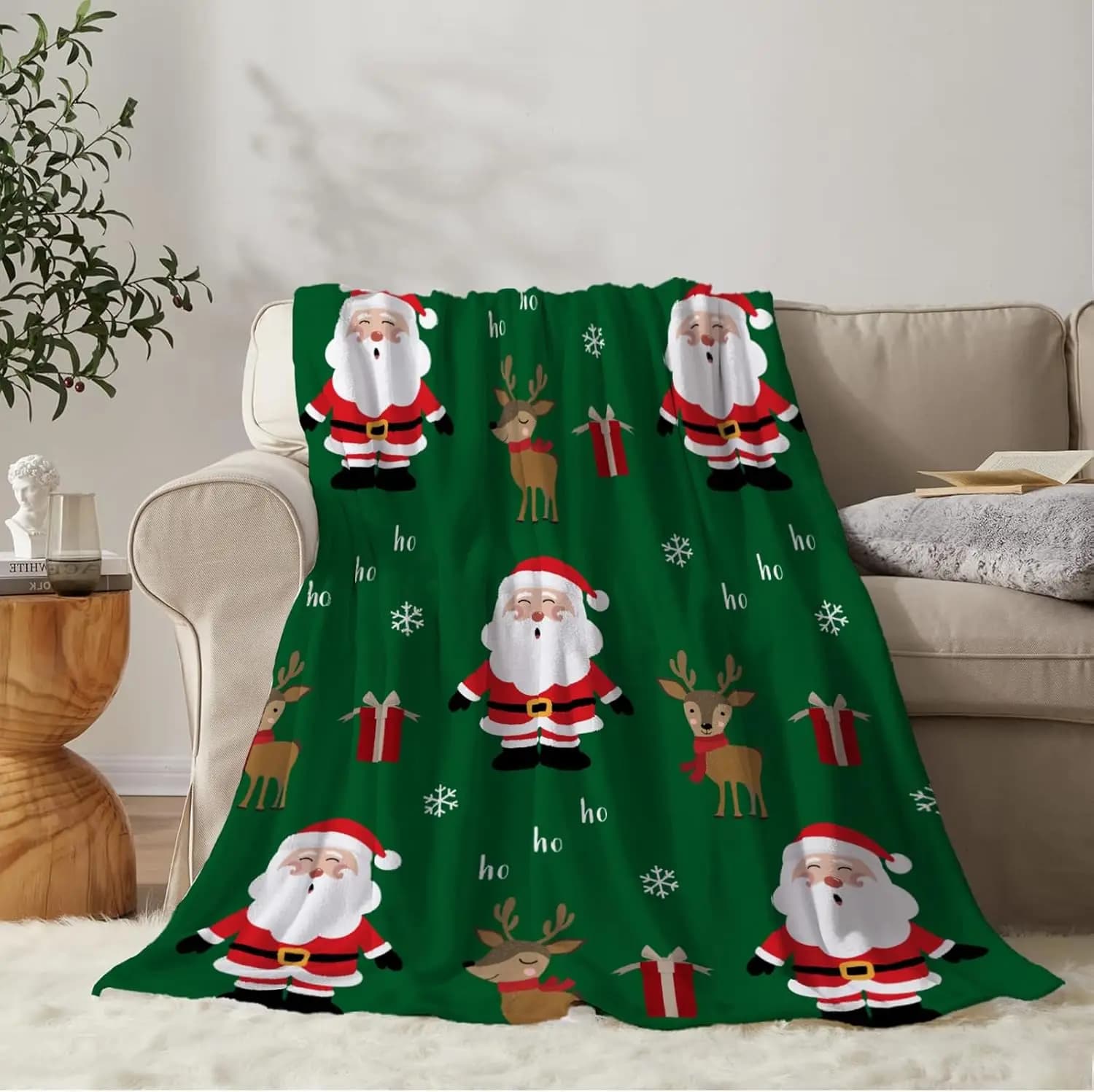 Christmas Decorative Throw Blanket Twin Size Green Christmas Santa Blanket Couch Sofa Bed Soft Cozy Lightweight Fuzzy Plush