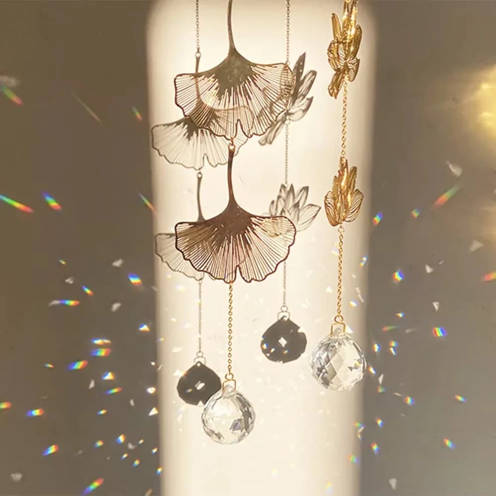New Hanging Decoration Sun Catcher Window Art Gift Crystal Suncatcher Lotus & Ginkgo Leaf Crystal Wind Chime Garden