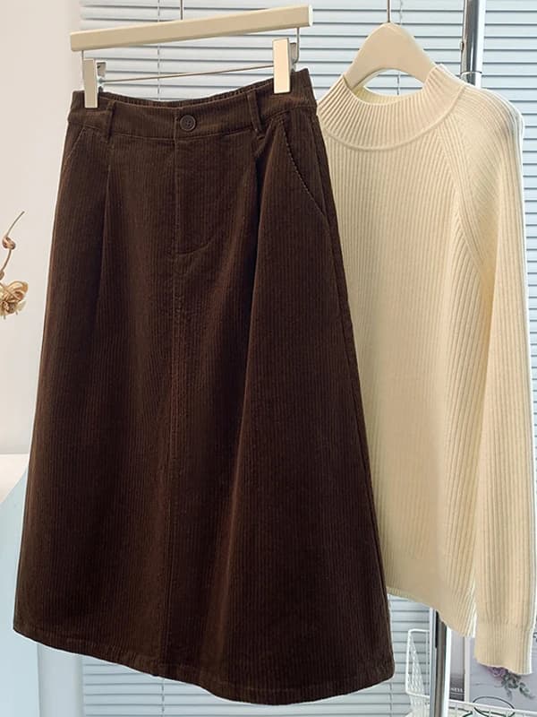 Gonna a trapezio in velluto a coste a vita alta Ele Donna Autunno Inverno Nuovo Sle Gonna casual ampia con sensazione di texture f-lunghezza