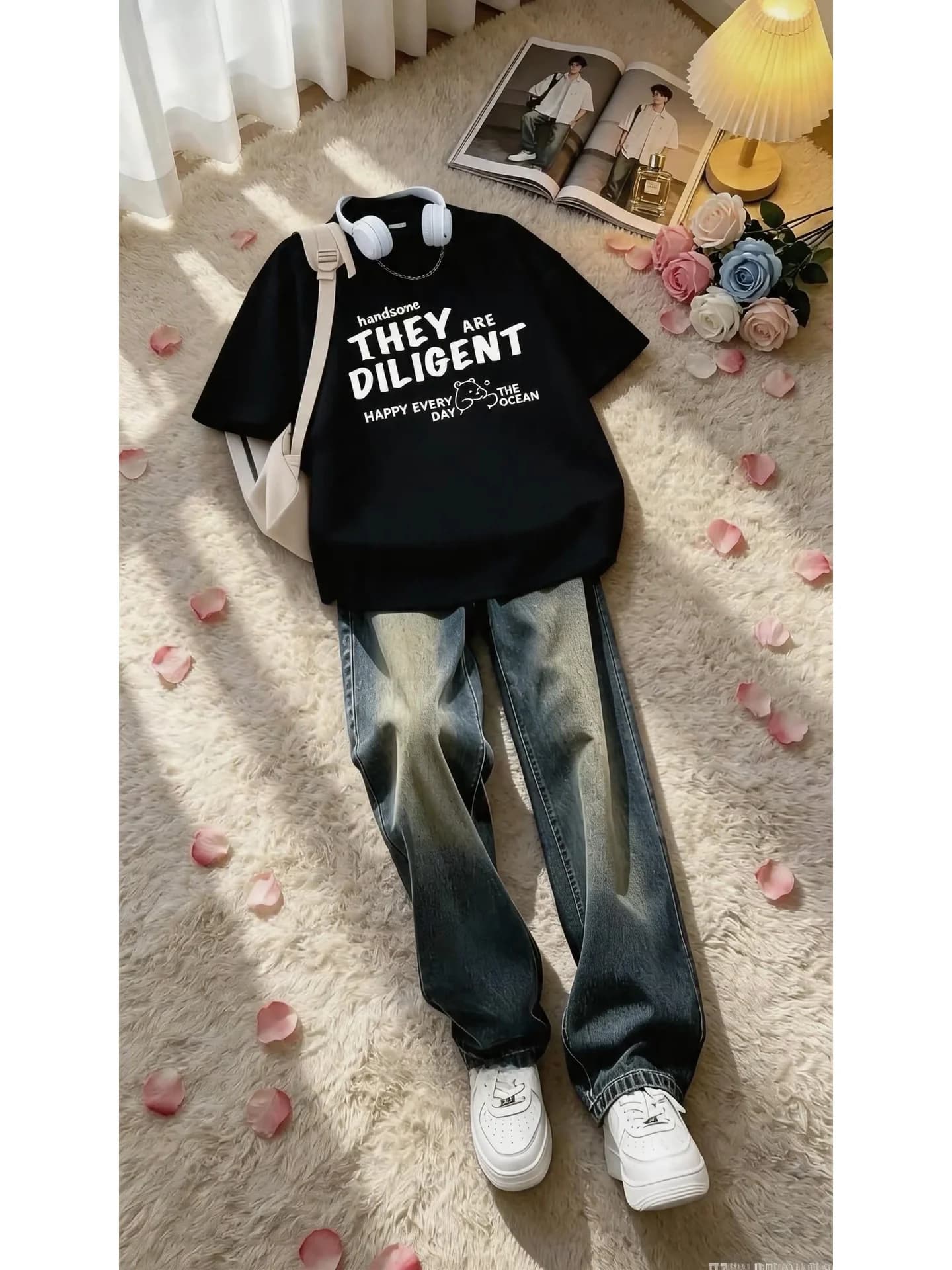 American High Street Fashion Brand Printed Short Sleeve T-Shirt Men Summer Clothing Set with Knife Jeans Casual Sportswear