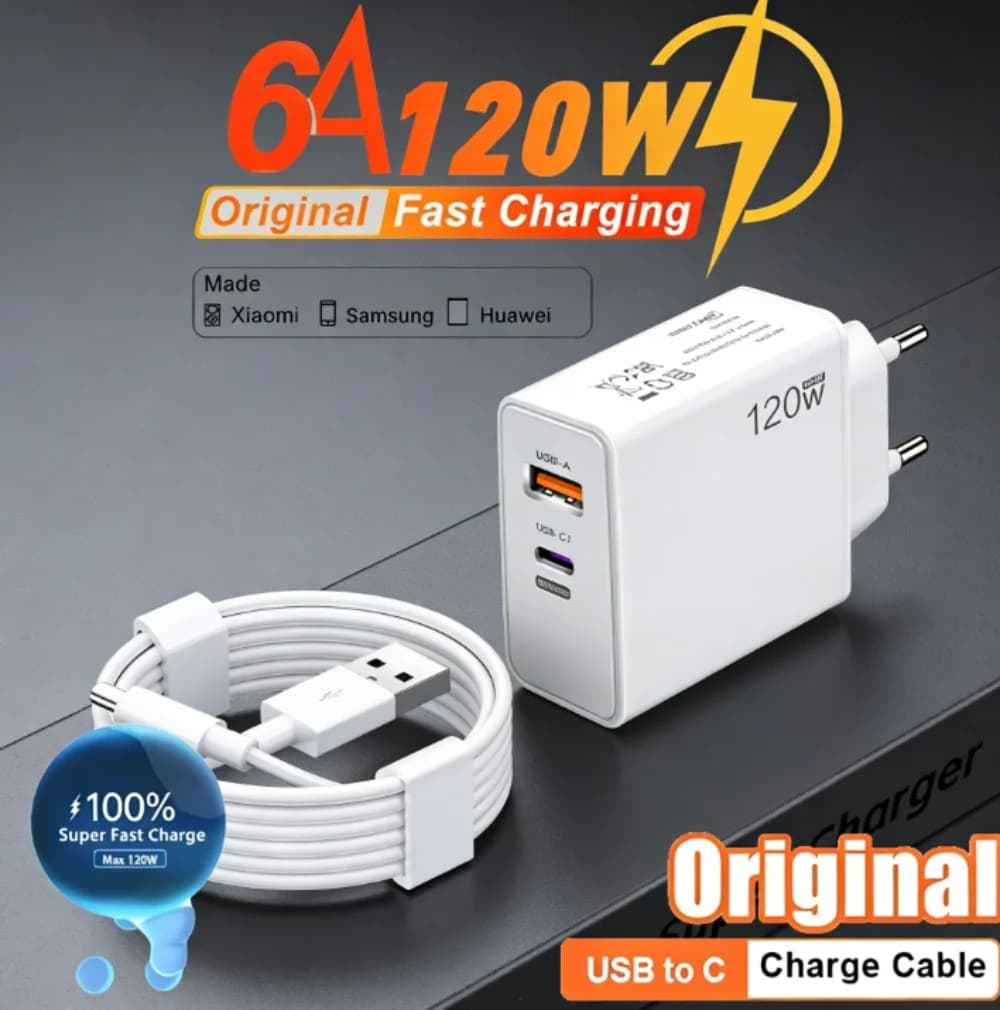 Caricabatterie Rapido GaN 120W PD QC3.0 USB-C 6A con Cavo di Ricarica Veloce e Adattatore da Muro Universale EU US UK per iPhone Samsung Xiaomi