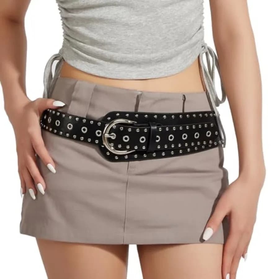 QCWN Y2K Studded Belt PU Leather Punk Goth Emo Belts Chunky Western Cowgirl Rivet Thick Waistband for Jeans Pants Dresses