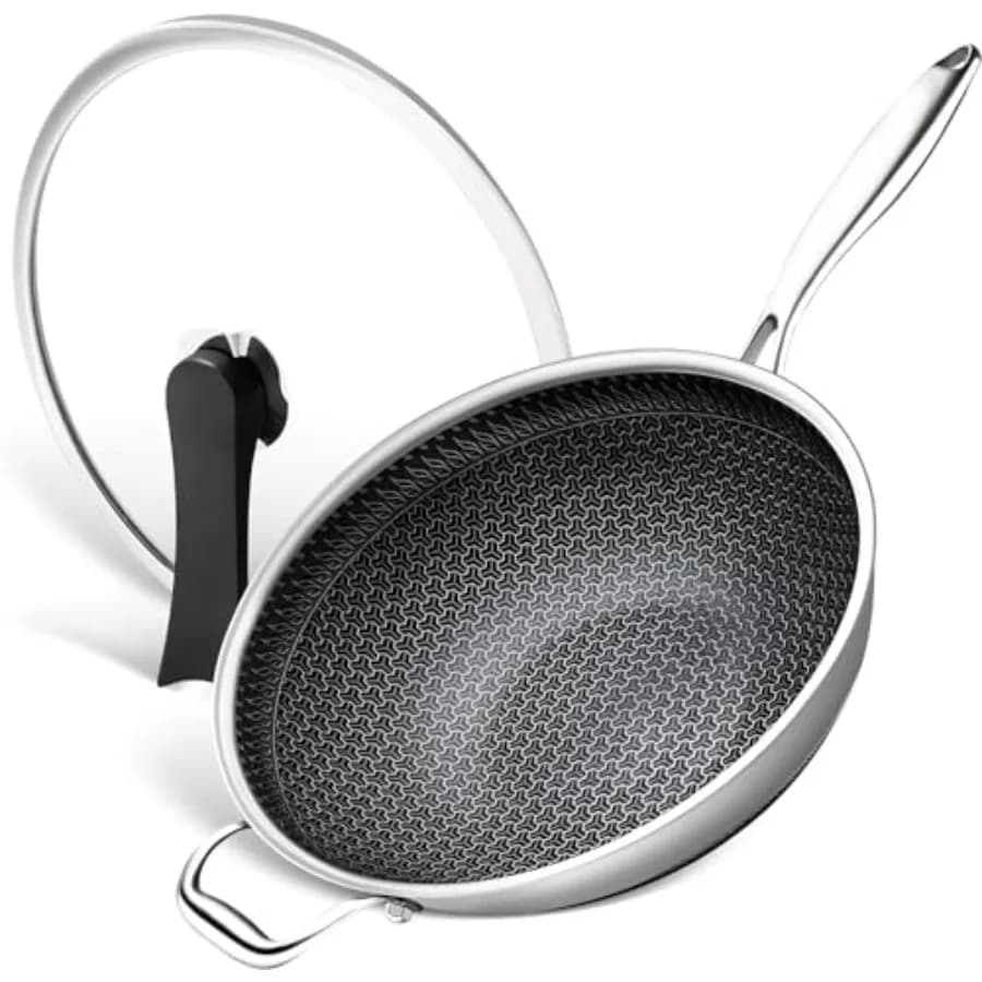 Honeycomb with lid. 5 wok and stainless steel iron-fry pans with anti-heat handle, flat bottom wok with vertical cover.