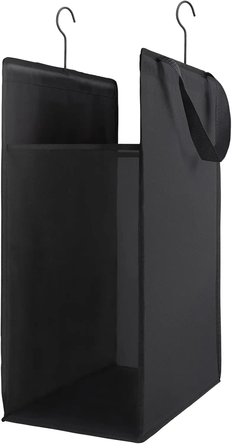 Slim Hanging Laundry Hamper Bag with Handles, Heavy Duty Mesh Closet Organizer, Large 57L Capacity, Collapsible Portable for Dorm Room (Black, 1 Pack)