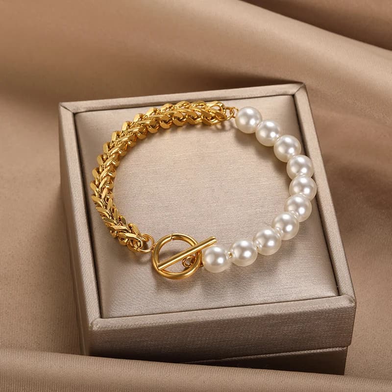 Braccialetti di perle a catena cubana per le donne Braccialetti con ciondolo a forma di cuore fatti a mano in acciaio inossidabile Regali di gioielli Boho per feste di nozze