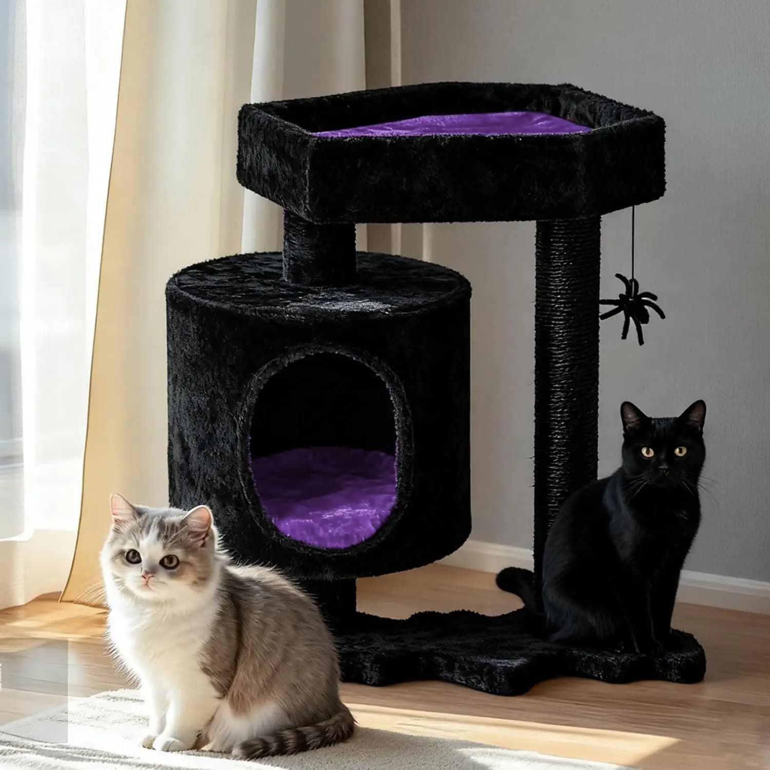 Albero per Gatti Gotico con Letto a Bara, Tiragraffi e Giocattolo a Forma di Ragno per Gattini in Nero e Viola