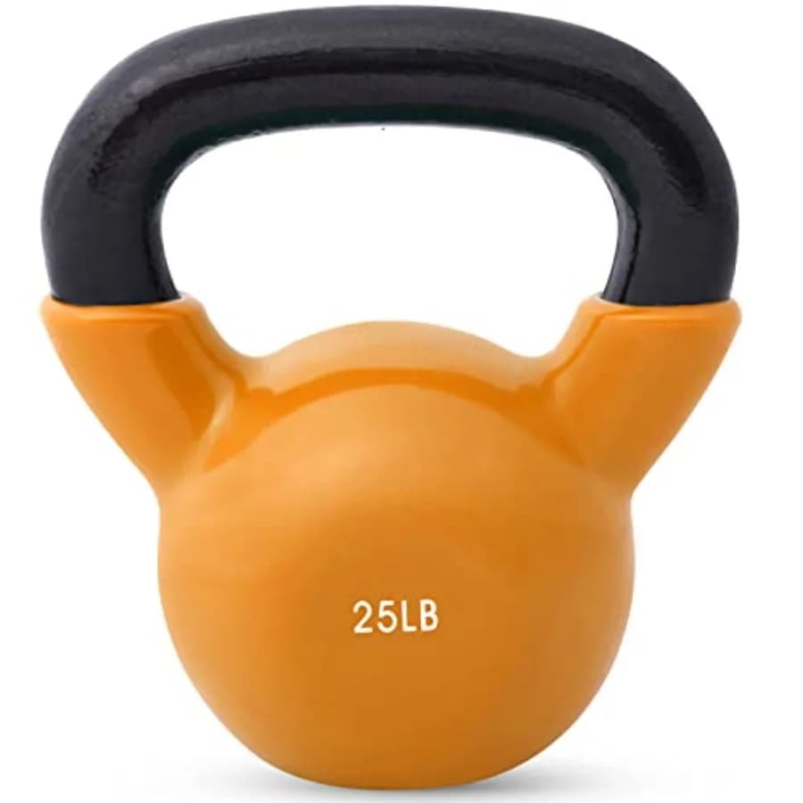 Kettlebell in iron covered in vinyl for home training, durable black coating with comfortable handle, available from 10 to 50 pounds.