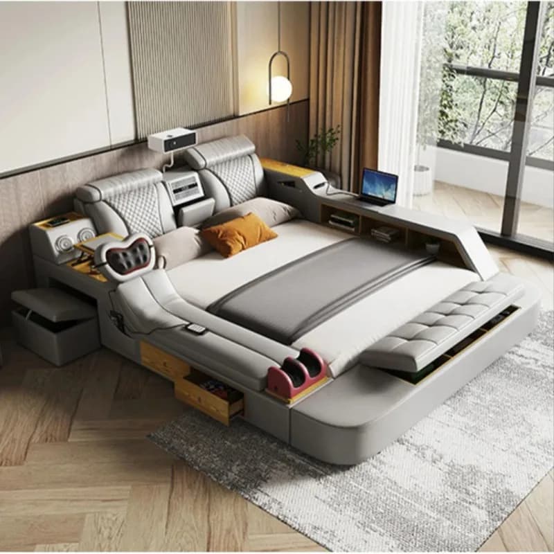 Tech Smart Bed: la ultima struttura da letto multifunzionale con vera pelle, massaggio, altoparlante, proiettore, purificatore d'aria