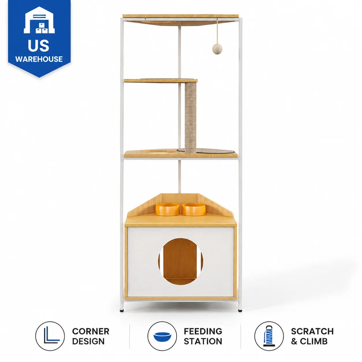 Corner Cat Tower with Feeding Station, Cat Tree with Scratching Post, Cat Condo, Climbing Platforms, Hanging Ball Toy, Space-Saving Indoor Cat Furniture with Metal Frame, Anti-Tip Kit, Non-Slip Mats for Apartments, Bedrooms and Small Spaces