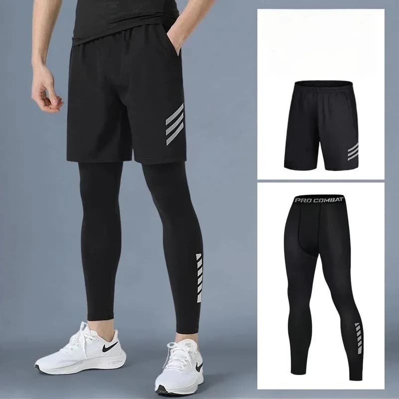Un set da 2 pezzi di pantaloni attillati da uomo, pantaloncini fitness da ciclismo, abbigliamento sportivo ad asciugatura rapida ed altamente elastico