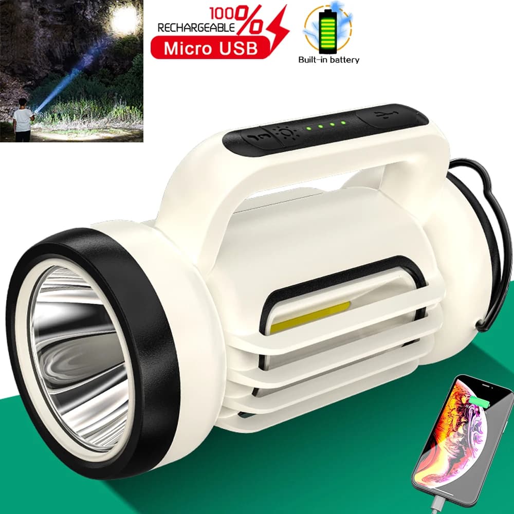 Portable Camping Lanterns Torch Powerful Outdoor LED Work Light USB Rechargeable Flashlight with Side COB Power Bank Searchlight