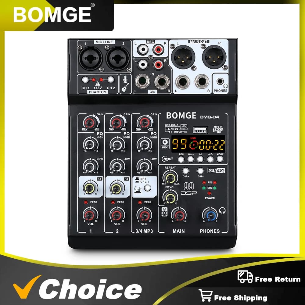 BOMGE D-4 Audio Mixer 4 Channel Mini Mixer with 99 DSP Reverb Effects, Metal, for Karaoke, Podcasting, Live Broadcasting