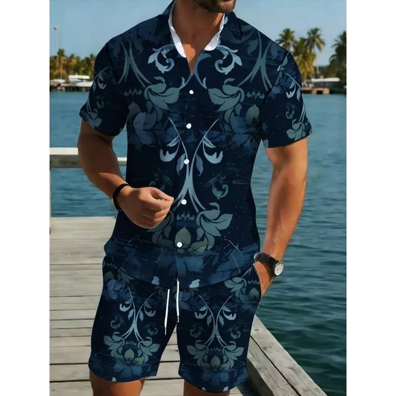 Navy Blue Floral Printed Men's Short Sleeve Shirt & Shorts Set Lightweight Breathable Beach Casual Vacation Outdoor Outfit