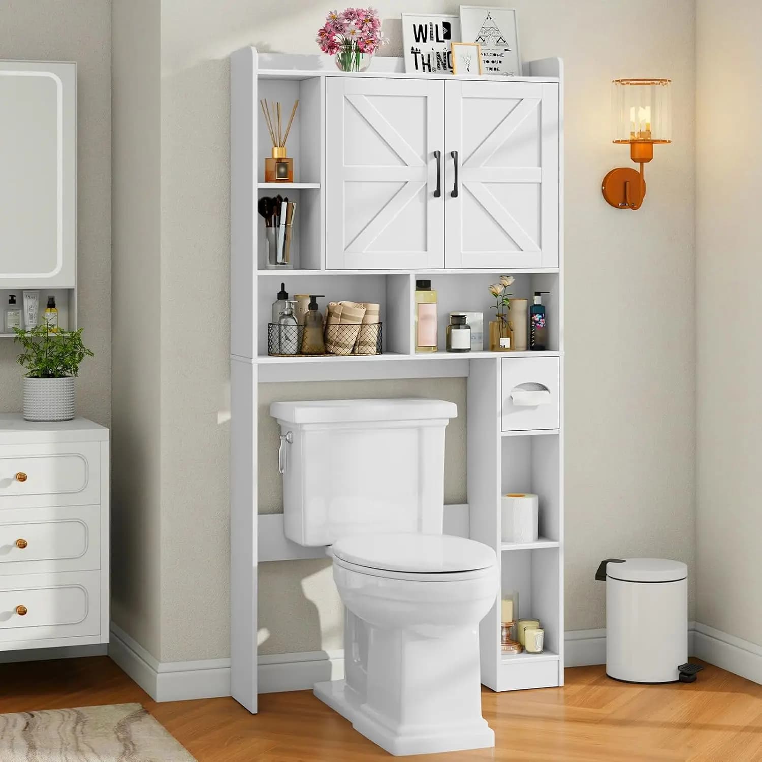 Mobiletto portaoggetti da posizionare sopra il WC, mobiletto portaoggetti in stile rustico con 2 ante scorrevoli e porta rotolo di carta igienica, Hom