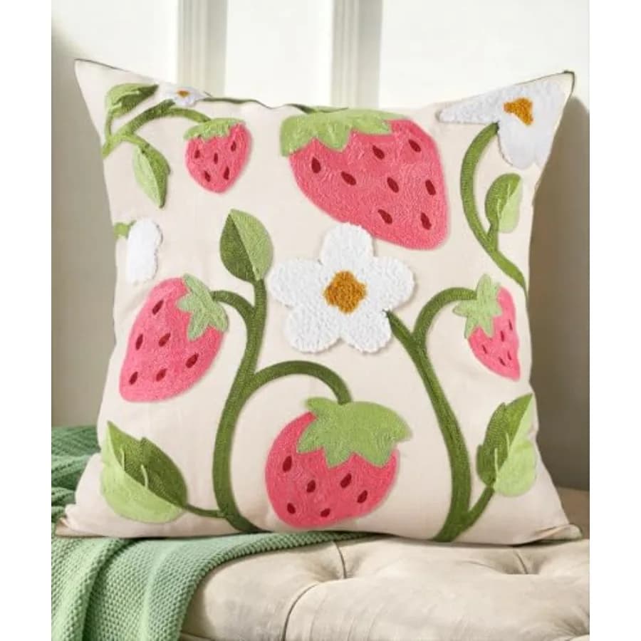 Embroidered Throw Pillow Cover 18x18 Inch - Spring Summer Boho Decorative Pillow Cover with Zipper for Living Room Couch Sofa B