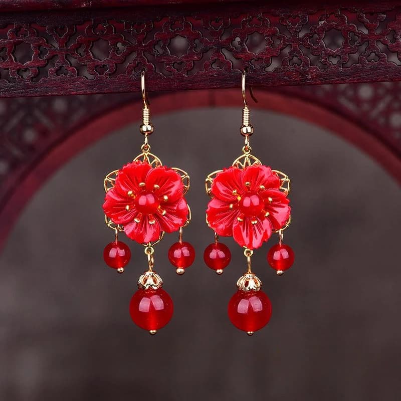 Orecchini con fiori di giada rossa Gioielli con zirconi Amuleto di pietre preziose Cristallo naturale Regali di moda per donna Calcedonio Fascino fortunato