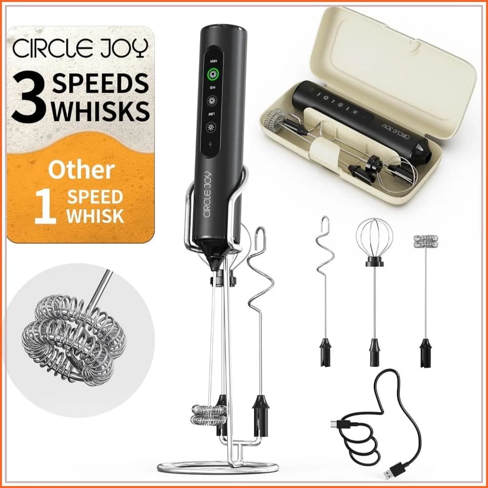Rechargeable Handheld Milk Frother with Stand, 3 Speeds, 3 Whisks & Storage Box for Latte, Cappuccino, Hot Chocolate, Eggs, Protein Powder