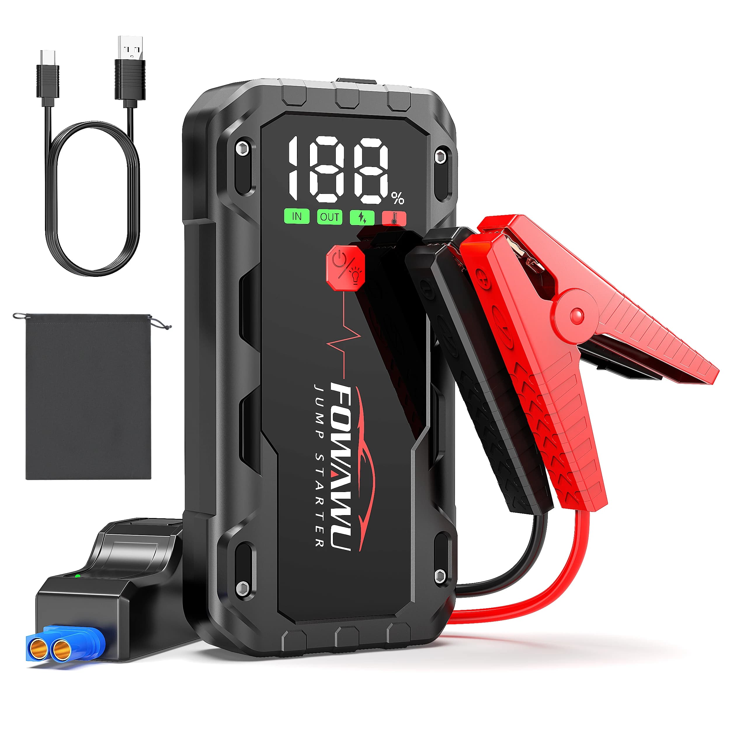 FOWAWU Avviatore di Emergenza 22800mAh 5000A per Veicoli 12V (8L Benzina/6L Diesel) e Moto, Batteria di Avviamento per Auto