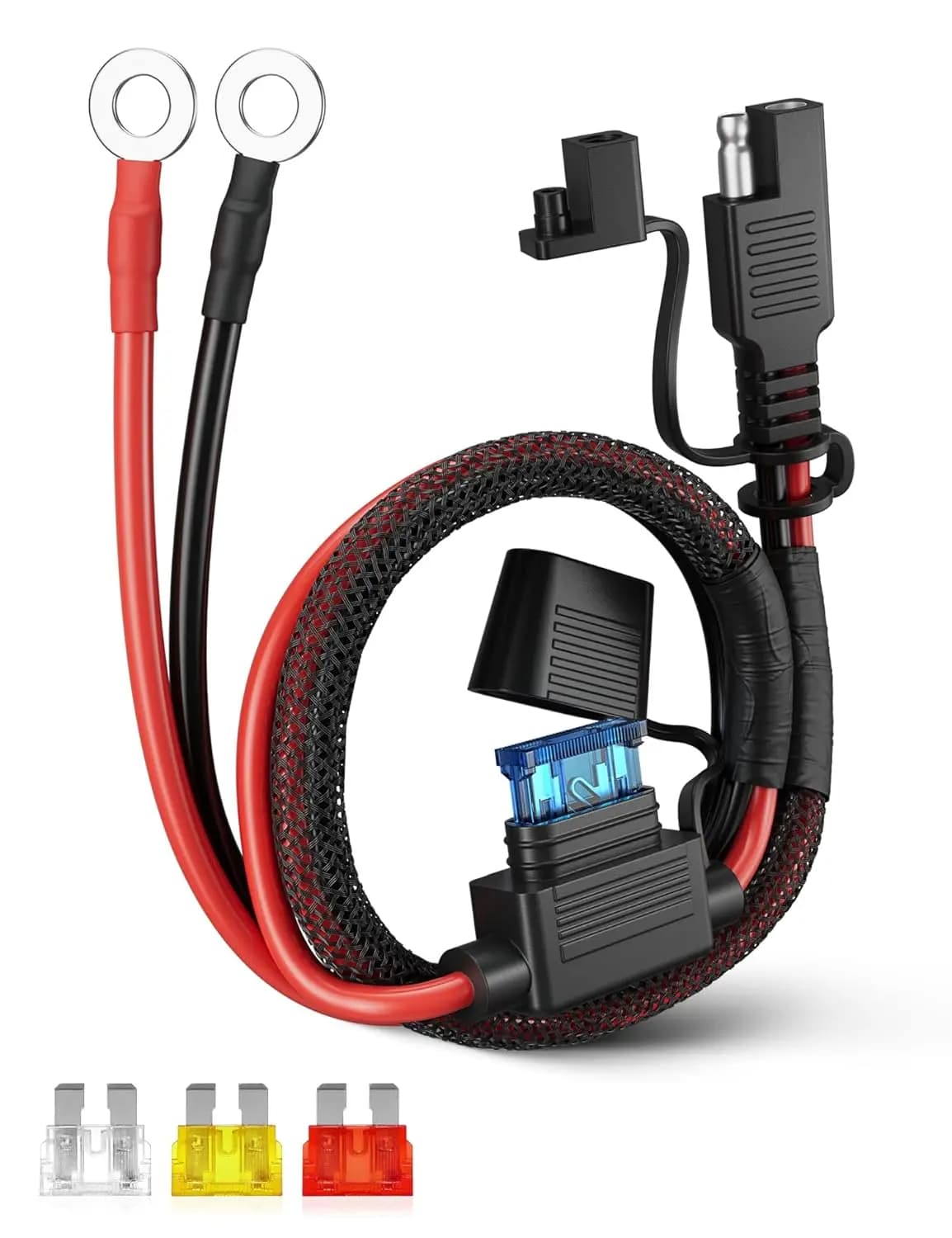 Cavo di prolunga per connettore batteria SAE da 2,5FT 12AWG con fusibili da 10A-25A, cablaggio a sgancio rapido da SAE a terminale ad anello certificato UL per caricabatterie a corrente continua, moto, pannello solare