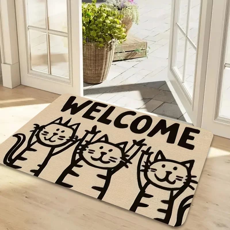 Minimal Line Drawing Three Cats Welcome Print Doormat Cute Animal Decor Rug For Indoor Household Front Entry Doors