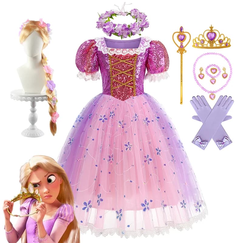 Disney Kids Cosplay Rapunzel Princess Dress Ragazze Costume aggrovigliato Carnevale per bambini Halloween Festa di compleanno Parrucche fantasia Abito