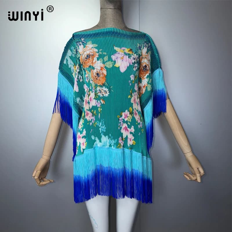 WINYI Summer Pleated Fringed Elastic slim dress Women crumple Design Loose boho robe holiday evening dress abaya dubai luxury