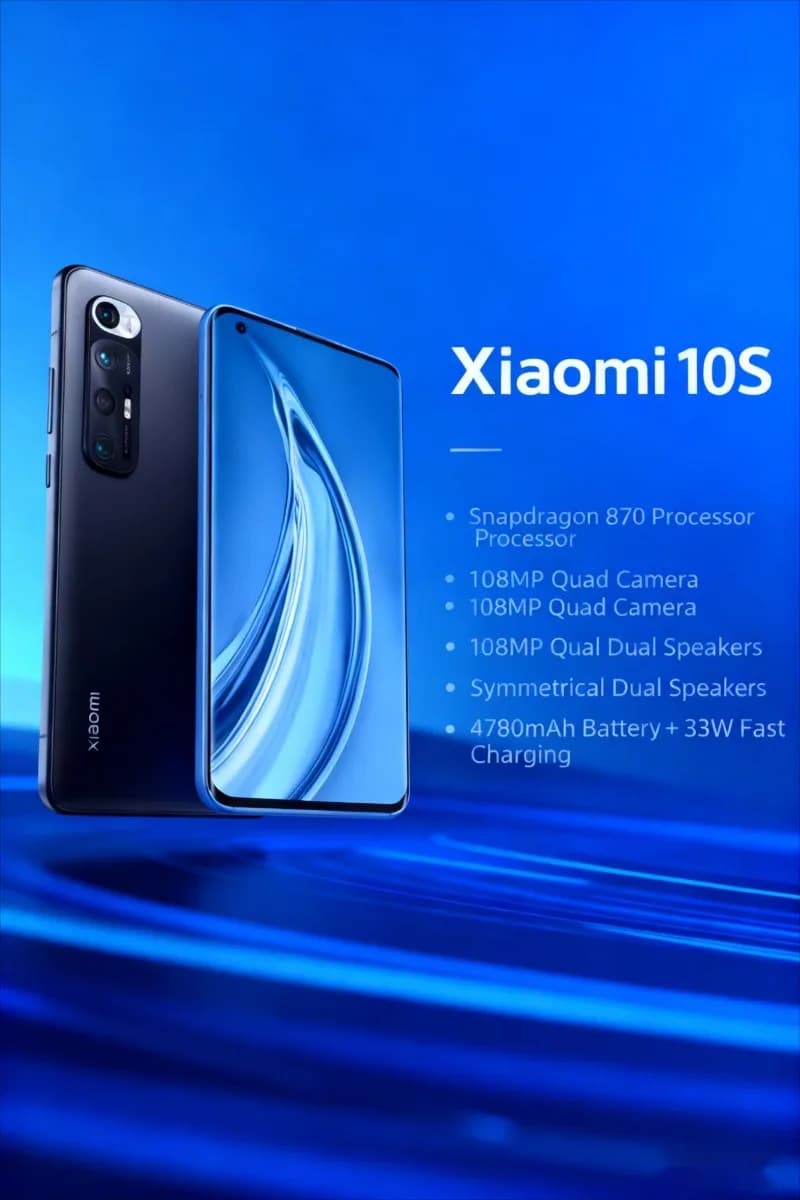 Xiaomi 10S Smartphone Snapdragon 870 108MP Fotocamera 4780mAh 33W Ricarica rapida Harman Kardon Stereo Cellulari Smartphone