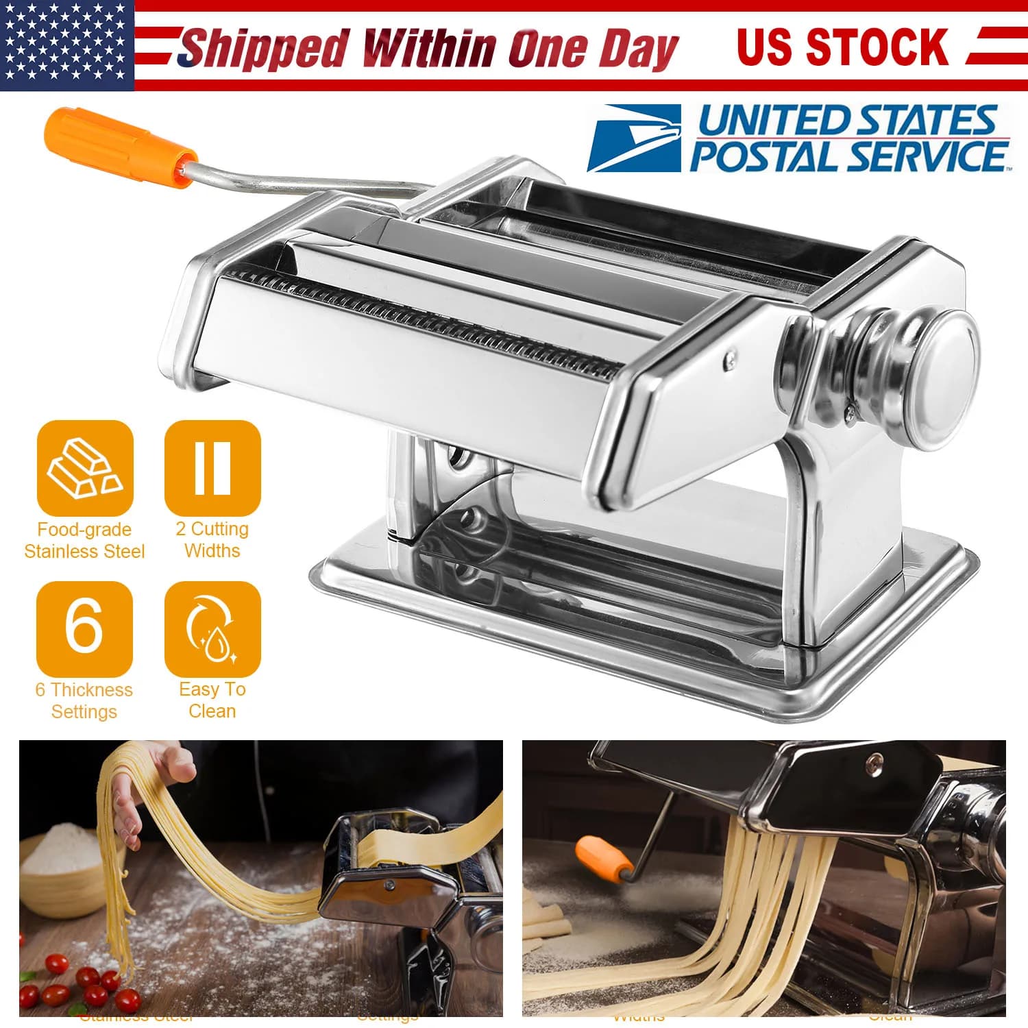 Stainless Steel Pasta Maker Machine, Hand Crank Manual Noodle Cutter Roller with 9 Adjustable Thickness Settings for Fresh Spaghetti, Fettuccine, Lasagna, Ravioli Maker, US Stock Fast Shipping