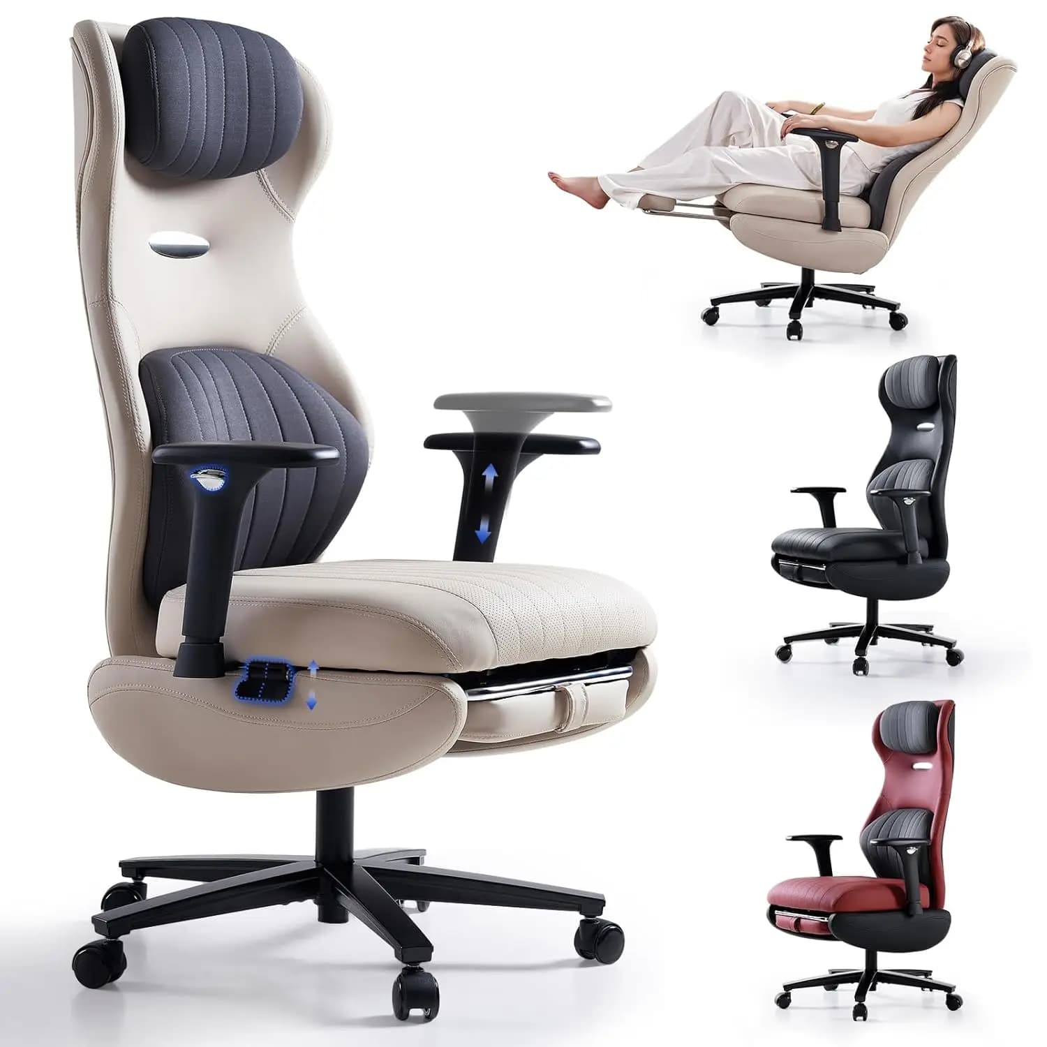 Sedia da Ufficio Ergonomica Reclinabile con Poggiapiedi, Braccioli Regolabili, Poggiatesta e Supporto Lombare in Pelle PU, per Scrivania e Gaming, Personalizzabile