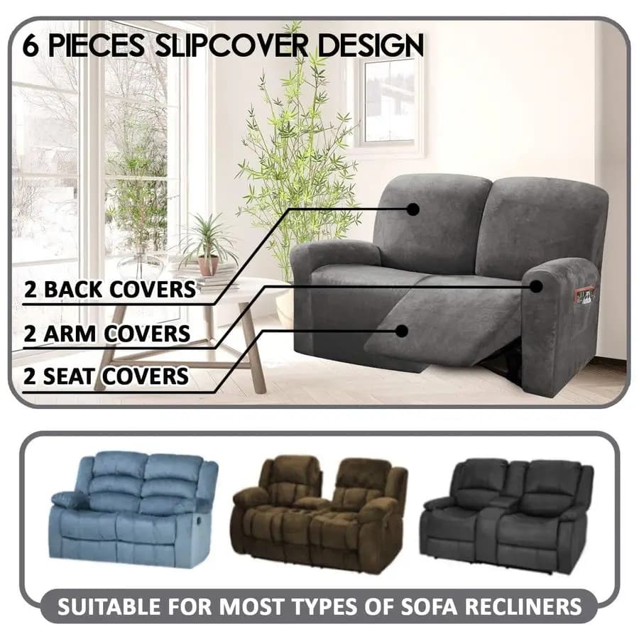 2-seat reclining cover, 48 65 L, 6 pieces, in elastic velvet, for 2-seat reclining sofa.