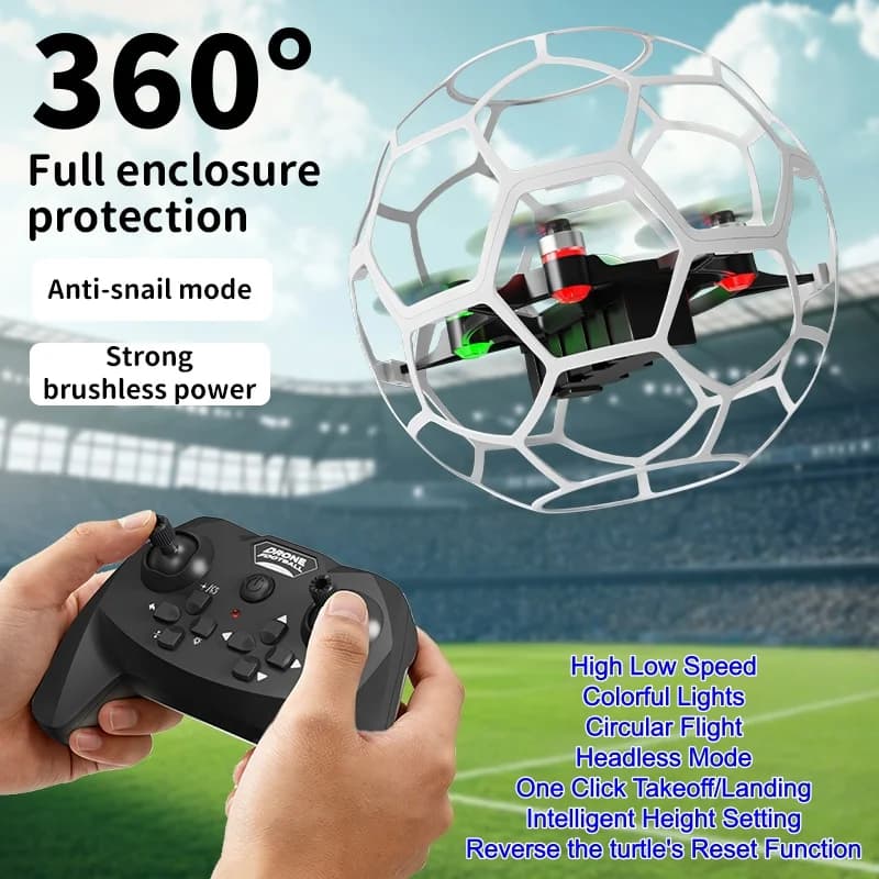 Drone RC da Calcio 2.4G Brushless con Protezione Completa 3D, Volo Stazionario, Luci Colorate, Quadricottero Telecomandato