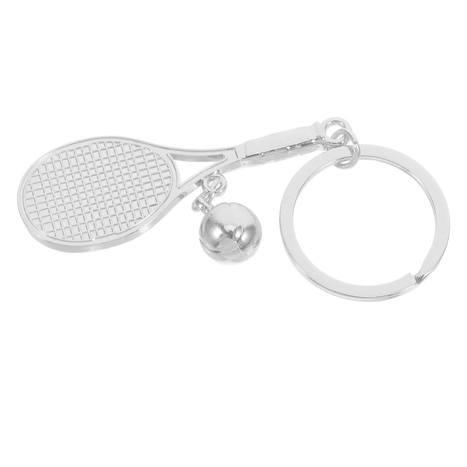 Keychain Mini Pendant Simulation Tennis and Racket Racquet Ball Rings Charm Keyring for Players Silver Cute Metal