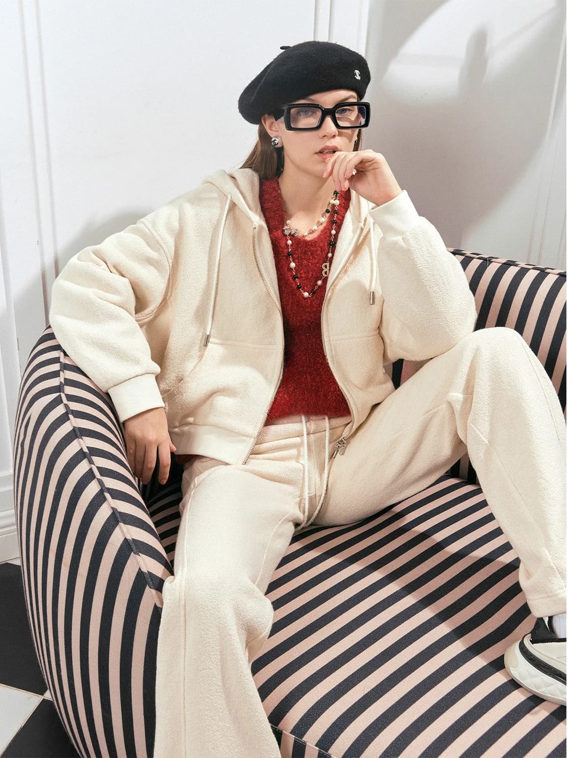 Felpa con Cappuccio Blanini con Zip, Texture in Lana, Set Sportivo Casual da Donna per Autunno, Inverno e Primavera