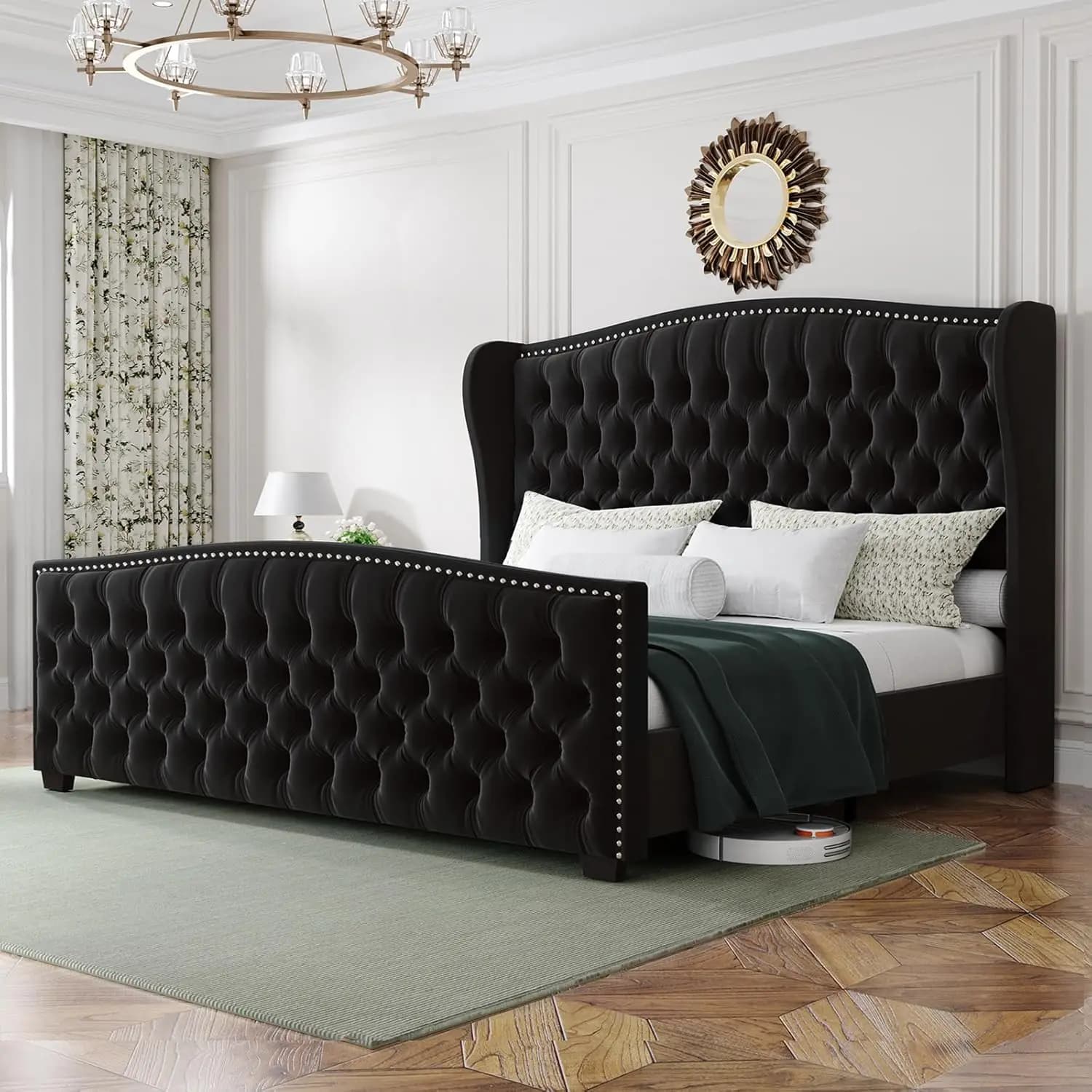 Letto con piattaforma e testiera imbottita in velluto, con doghe in legno, nero, personalizzabile
