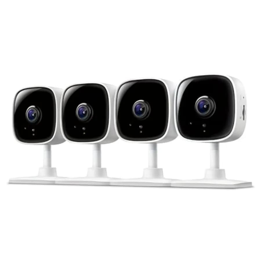 Indoor wired security camera for baby and pet monitoring, 1080P resolution, white plastic housing, motion detection, 2-way audi