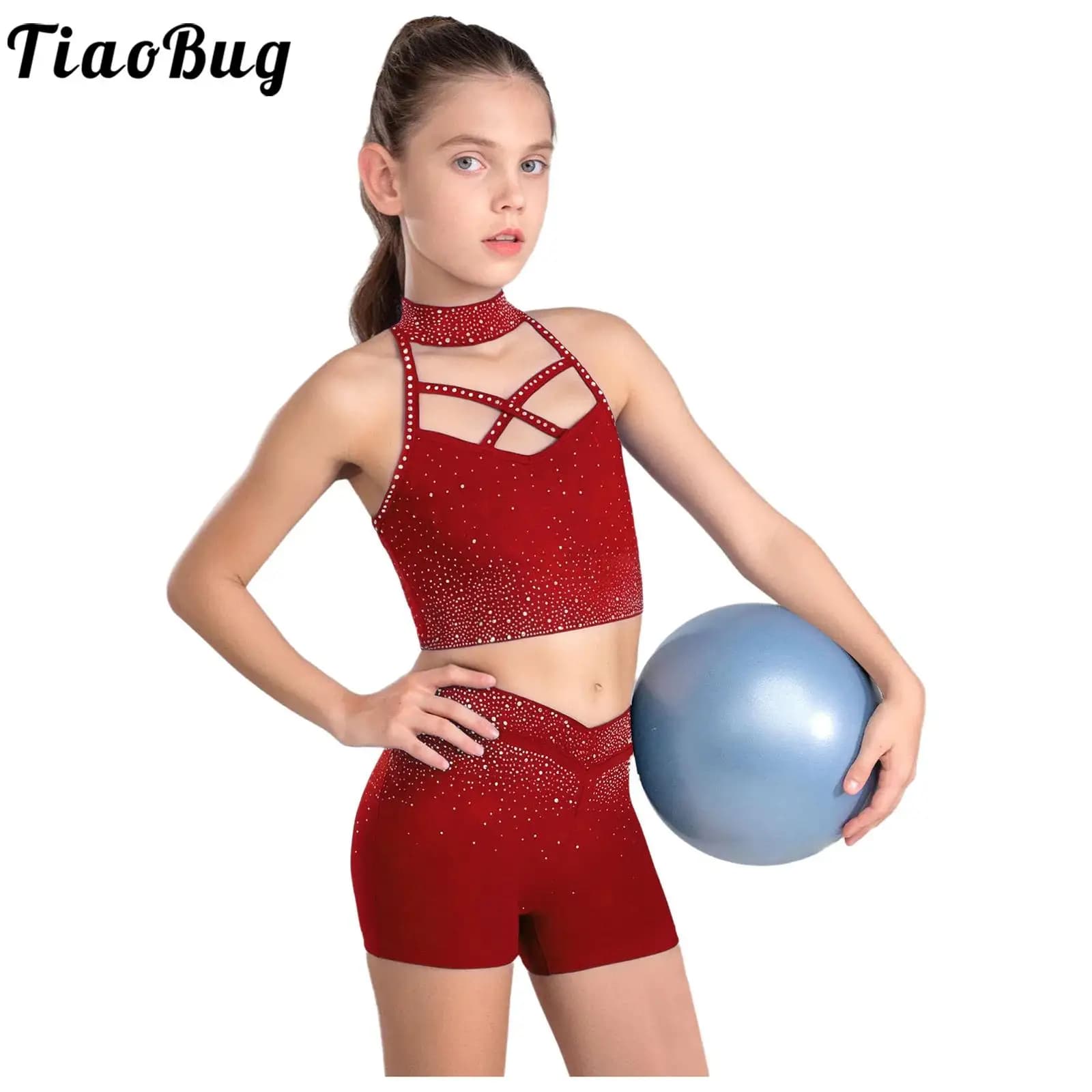Ragazze Balletto Danza Ginnastica Vestito Pattinaggio di Figura Acrobazie Performance Costume Halter Senza Maniche Strass Crop Top Pantaloncini