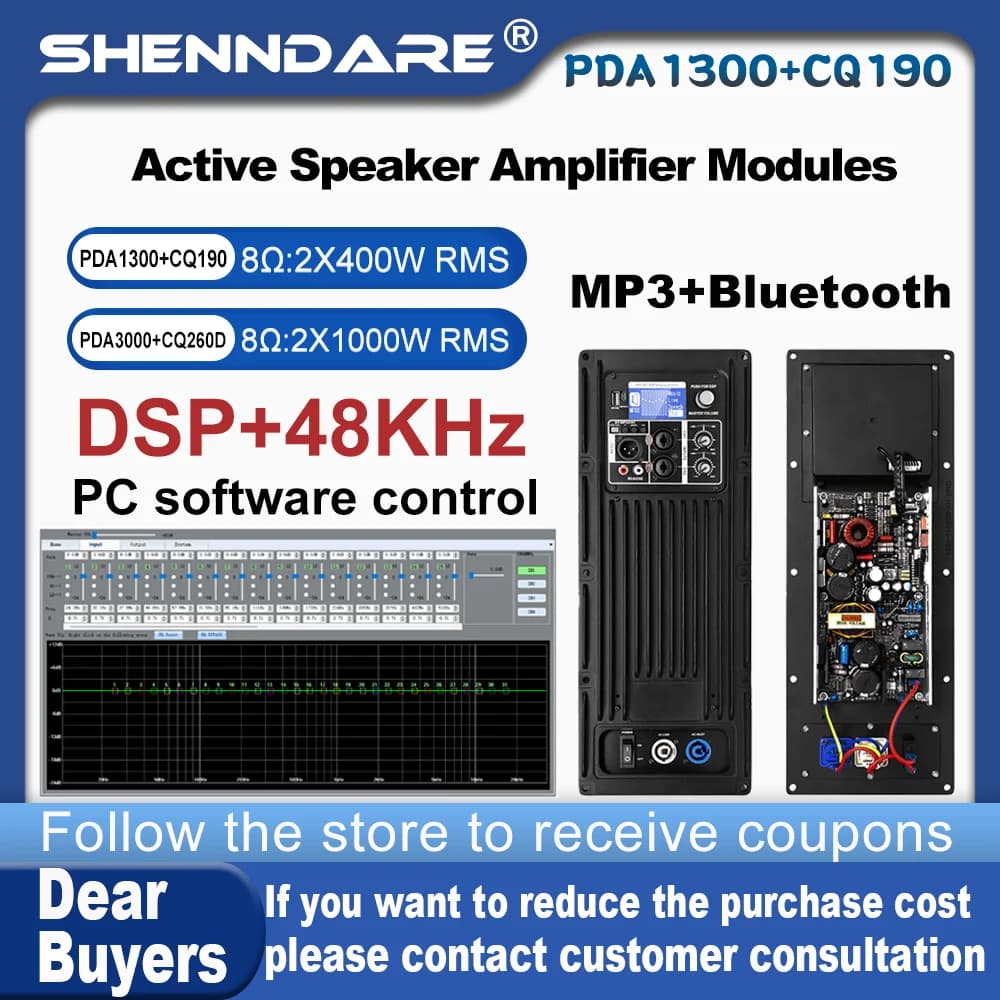 SenMicre PDA1300+CQ190 Professional 2 channel DSP digital power amplifier module 48 KHz 2x400 W 8 ohm Active speaker amplifier module with USB Bluetooth Subwoofer Audio amplifier 2x650 W 4 or