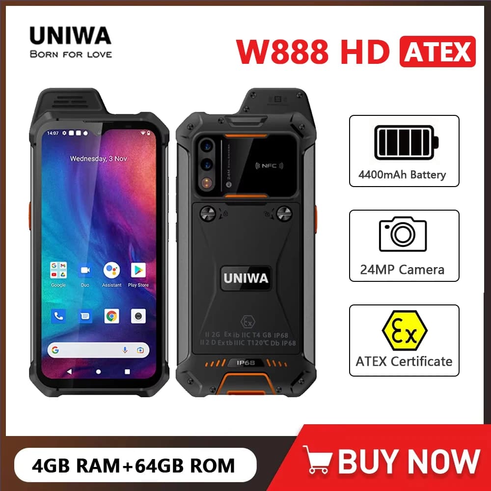 UNIWA W888 ATEX Explosion IP68 Walkie Talkie 6.3 pollici HD Octa Core 4GB 64GB 4400mAh Smartphone Andriod NFC ATEX Certificato