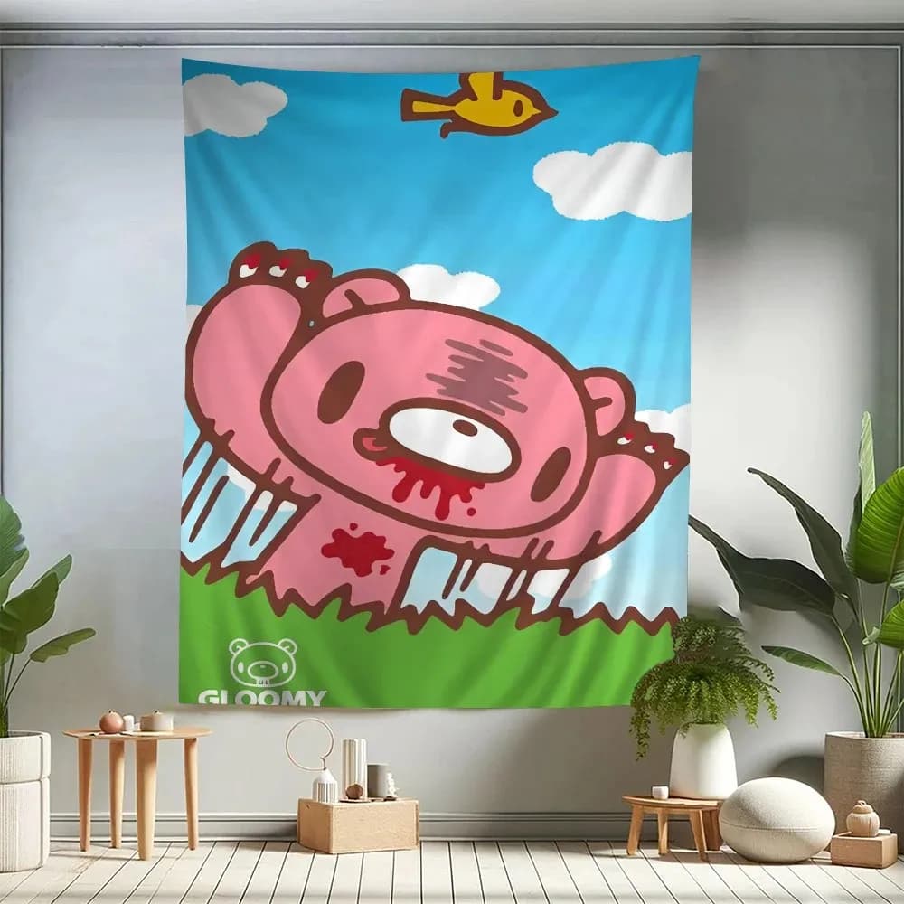 VIKAMA Gloomy Bear Cartoon Tapestry Wall Hanging Hippie Floral Anime Aesthetic for Dorm Bedroom Home Decor